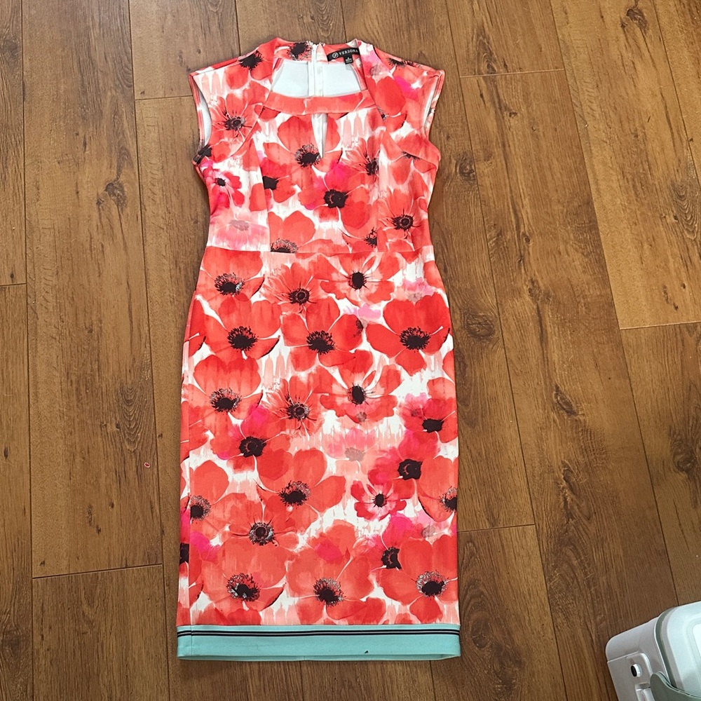 Coral Red Floral Midi Sheath Dress